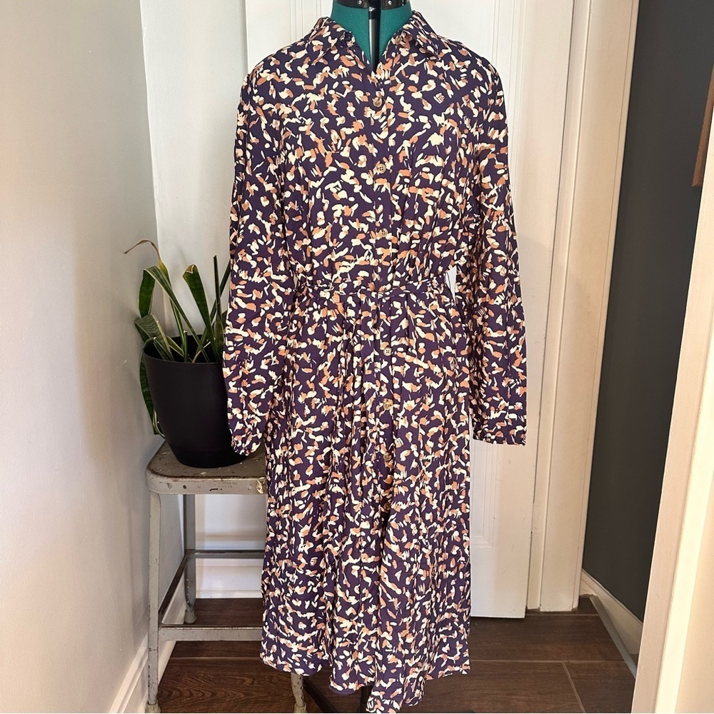 Nine West Navy Floral Print Midi Shirtdress